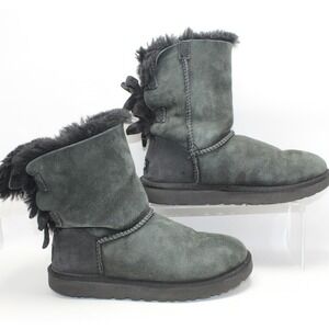UGG Bailey Bow II Boots Grey Suede Sheepskin Mid Calf 1094312 Womens 7